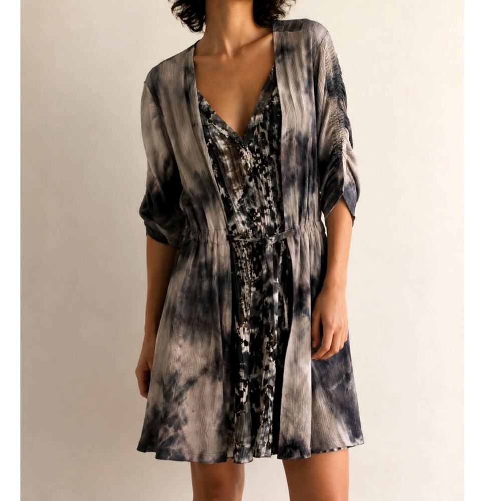 Alberto Makali Boho Artsy Tie-Dye Open Front Mini Dress Sheer Whimsigoth Size L